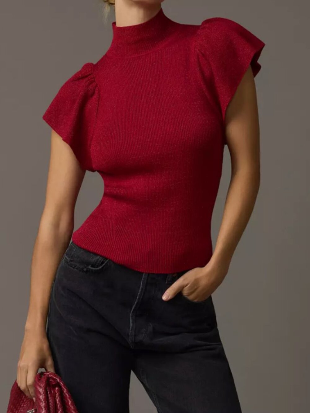 Maeve By Anthropologie Red Flutter Muscle-Sleeve Sweater